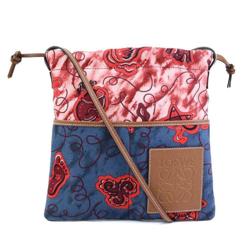 Loewe Paula Drawstring Clutch Crossbody Shoulder Bag Canvas Leather Navy Blue